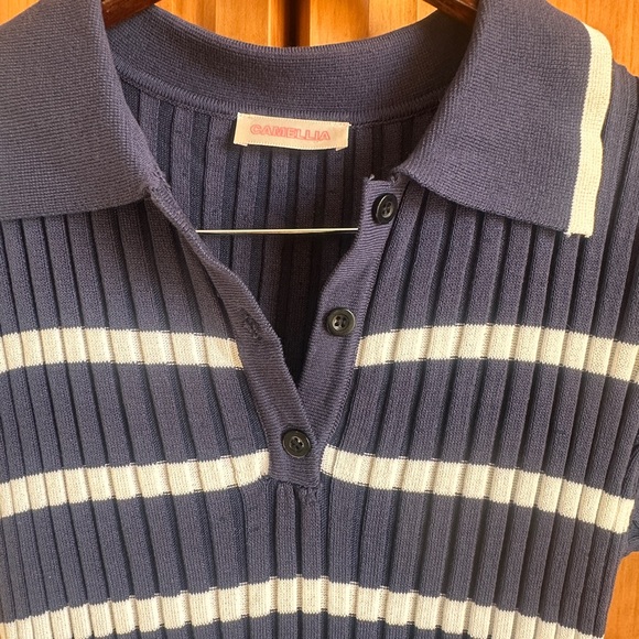 Navy Ribbed Knit Polo Dress with White Stripes- Small- NEW - Picture 11 of 12